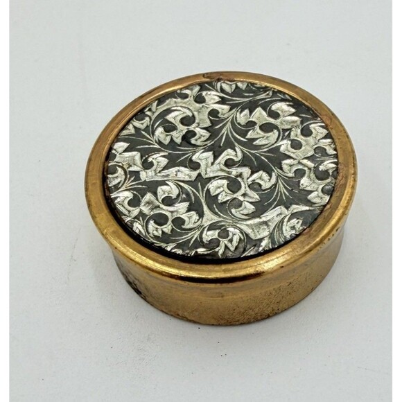Accessories - Vintage JAPAN Damascene Style Pill Box Gold Tone Floral Scroll Design